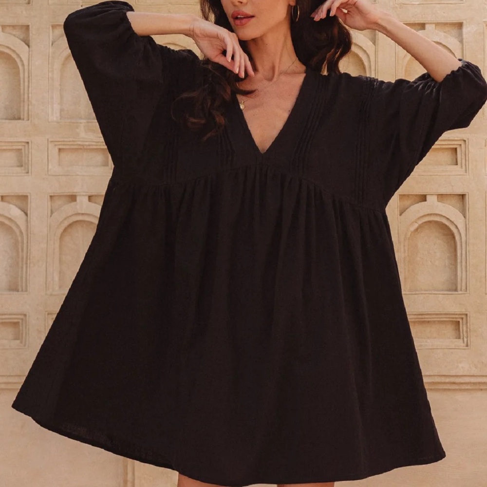 Black pleated linen mini dress